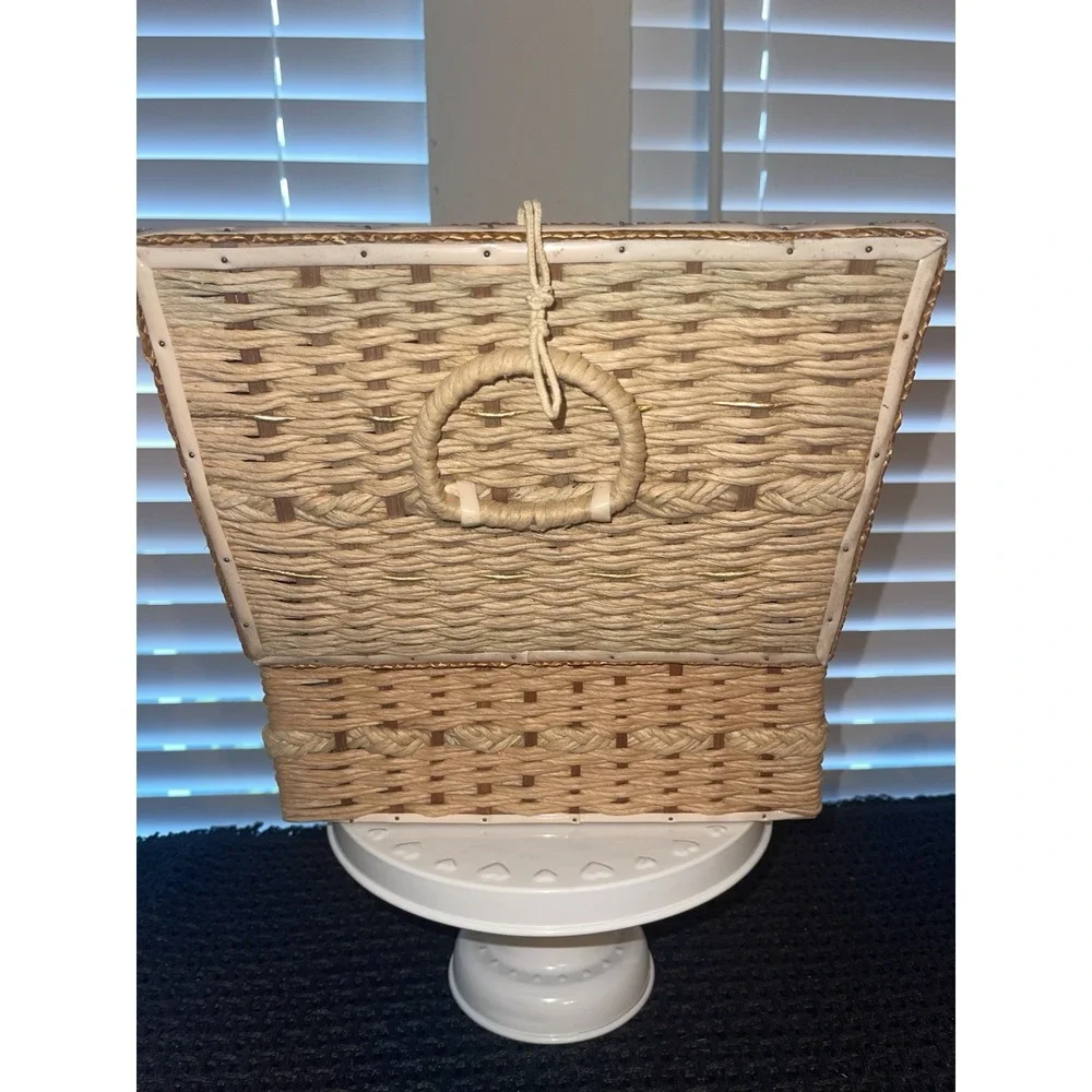 Vintage Wicker Woven Sewing Box Basket Green Satin Ratan 10